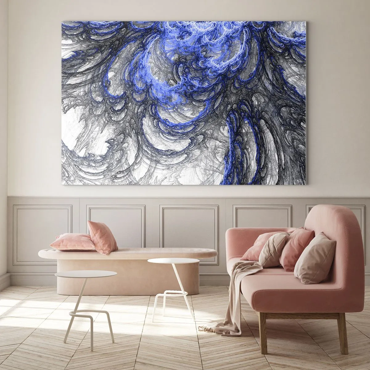 Obraz na szkle - Dynamiczna abstrakcja w odcieniach niebieskiego i szarości - 70x50cm - Narodziny fali - Nowoczesna dekoracja ścienna do salonu i sypialni ARTTOR