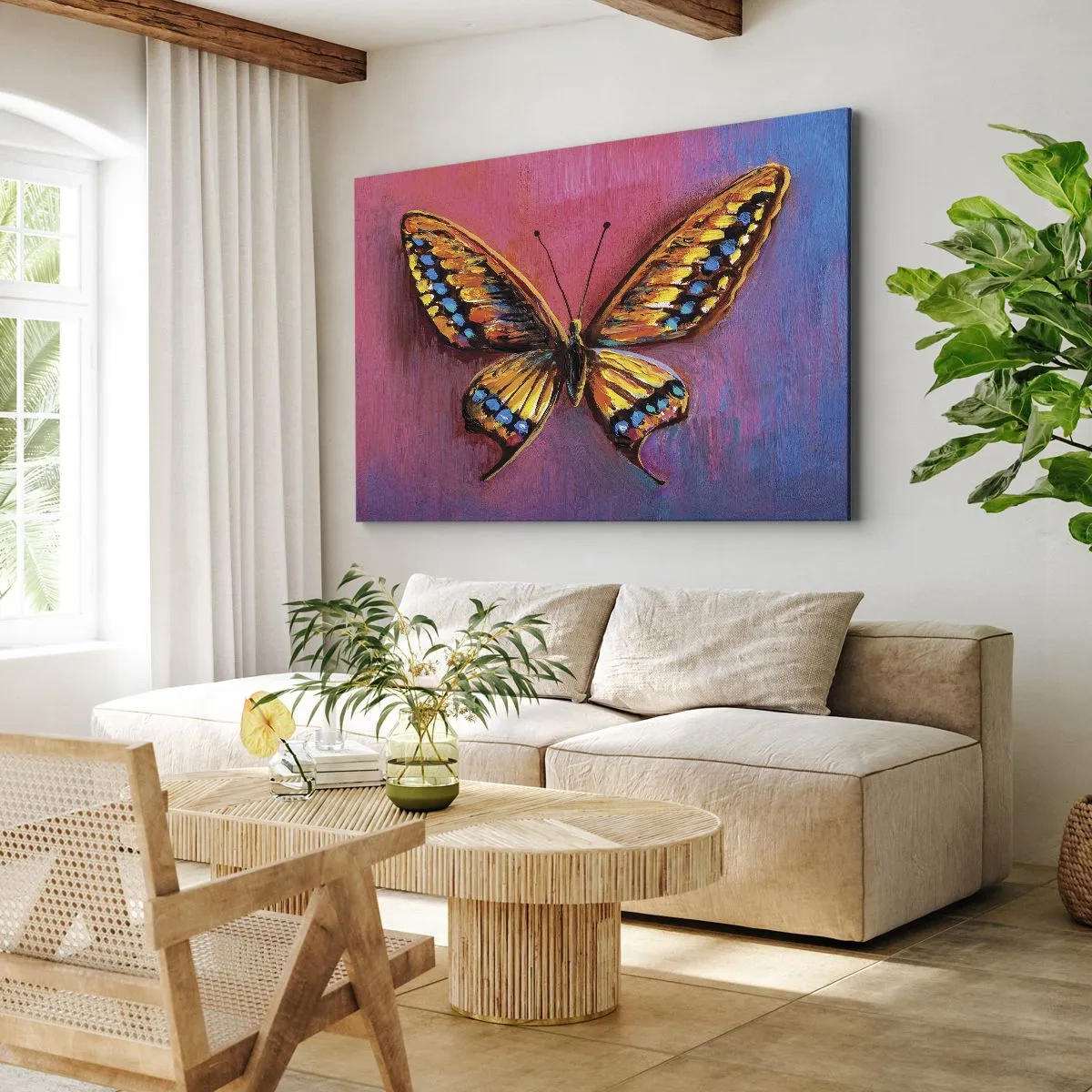 Obraz na płótnie - Kolorowy motyl na abstrakcyjnym tle - 70x50cm - Klejnot natury - Nowoczesna dekoracja ścienna do salonu i sypialni ARTTOR