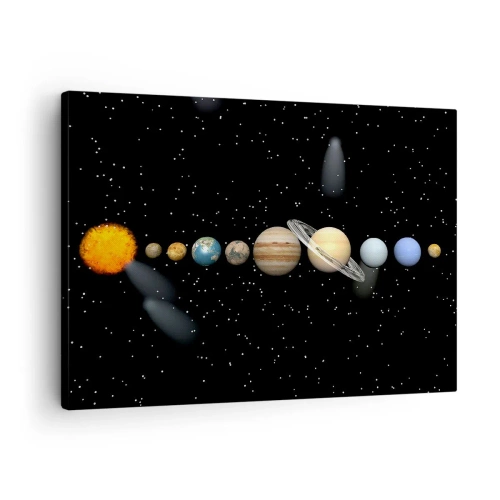 Obraz na płótnie - Układ słoneczny z planetami na tle gwiazd w kosmosie - 70x50cm - A planety szaleją, szaleją… - Nowoczesna dekoracja ścienna do salonu i sypialni ARTTOR