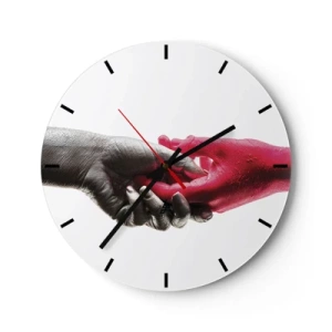 Zegar ścienny - Symboliczny uścisk dłoni w czerni i czerwieni - 30x30cm - Razem, choć inni - Nowoczesna dekoracja ścienna do salonu, kuchni i sypialni ARTTOR