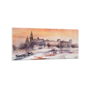 Obraz na szkle - Zachód słońca nad zamkiem w zimowej scenerii - 120x50cm - Królewski zachód słońca - Nowoczesna dekoracja ścienna do salonu i sypialni ARTTOR