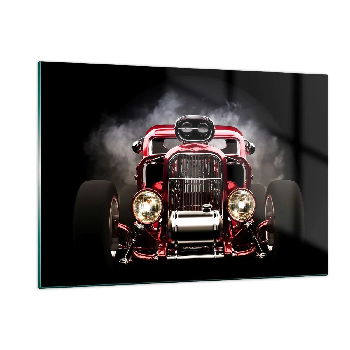Obraz na szkle - Czerwony hot rod w gęstym dymie - 120x80cm - Szybki i wściekle piękny - Nowoczesna dekoracja ścienna do salonu, kuchni i sypialni ARTTOR