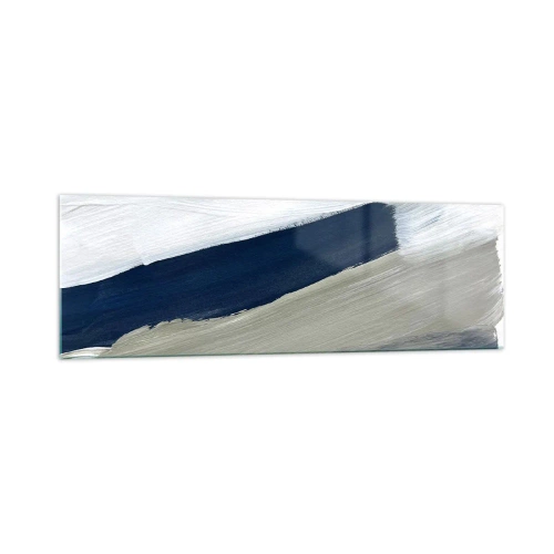 Obraz na szkle - Abstrakcyjne pociągnięcia pędzla w odcieniach niebieskiego i szarości - 160x50cm - Spotkanie z bielą - Nowoczesna dekoracja ścienna do salonu i sypialni ARTTOR