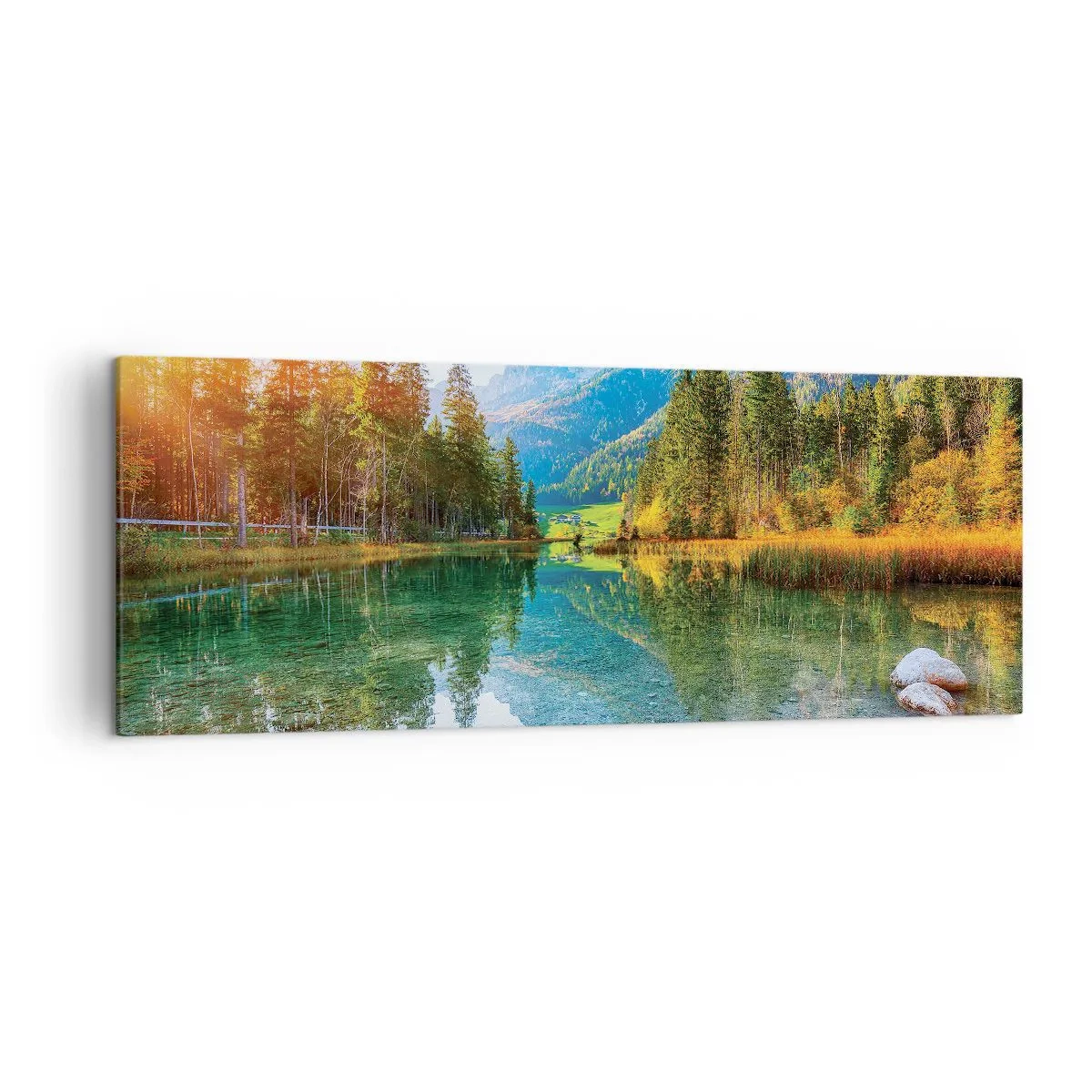 Obraz na płótnie - Malownicze jezioro w otoczeniu gór i lasów - 140x50cm - Łagodność jesieni - Nowoczesna dekoracja ścienna do salonu i sypialni ARTTOR