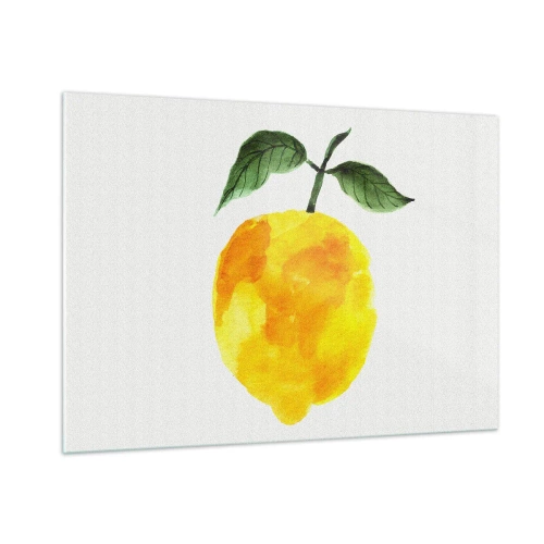 Obraz na szkle - Cytryna w stylu akwarelowym z zielonymi liśćmi - 100x70cm - Jak poznać smak słońca - Nowoczesna dekoracja ścienna do salonu, kuchni i sypialni ARTTOR