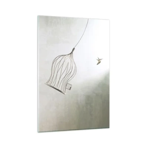 Obraz na szkle - Ptaszek uwolniony z klatki na tle jasnego nieba - 80x120cm - W swoim żywiole - Nowoczesna dekoracja ścienna do salonu i sypialni ARTTOR