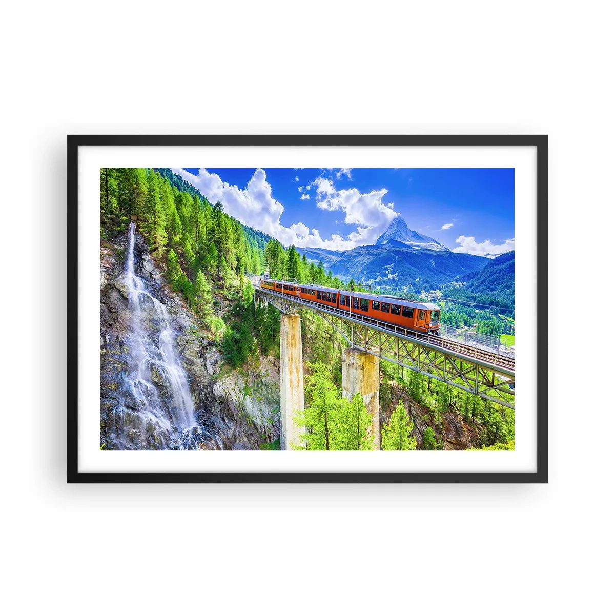 Plakat w czarnej ramie - Górska kolejka na moście z widokiem na wodospad i góry - 70x50cm - Kolej na Alpy - Nowoczesna dekoracja ścienna do salonu i sypialni ARTTOR