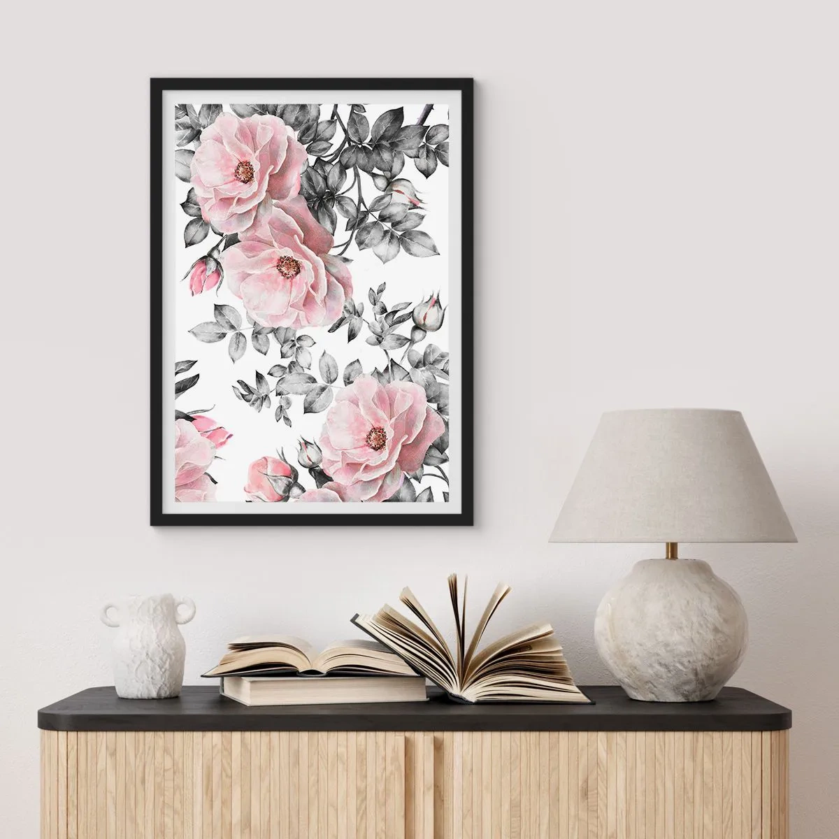 Plakat w czarnej ramie - Różowe róże na tle czarno-białych liści - 50x70cm - Zagubić się w kwiatach róż - Nowoczesna dekoracja ścienna do salonu i sypialni ARTTOR