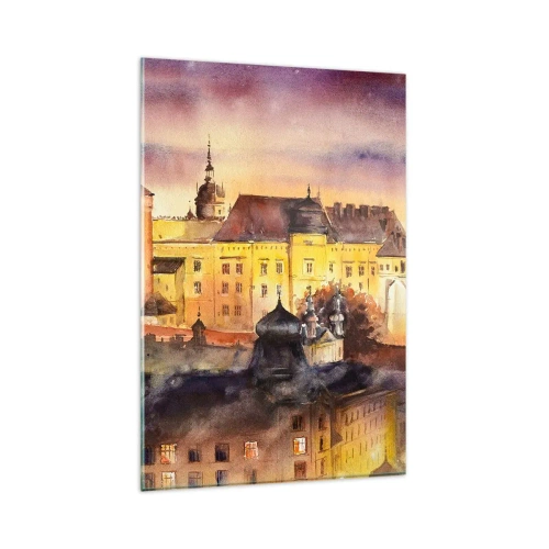 Obraz na szkle - Malowniczy obraz zamku o zachodzie słońca w akwarelowym stylu - 80x120cm - Historia i baśń - Nowoczesna dekoracja ścienna do salonu i sypialni ARTTOR