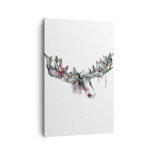 Obraz na płótnie - Artystyczna akwarela łosia z bogatymi porożami - 80x120cm - Korona króla lasu - Nowoczesna dekoracja ścienna do salonu i sypialni ARTTOR