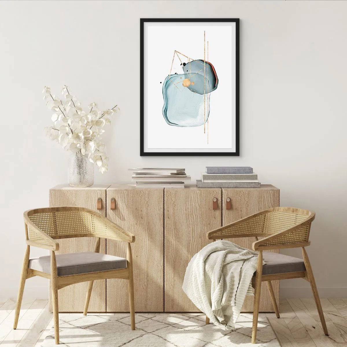 Plakat w czarnej ramie - Abstrakcyjna kompozycja akwareli z geometrycznym złotym wzorem - 50x70cm - Studium kropli - Nowoczesna dekoracja ścienna do salonu i sypialni ARTTOR
