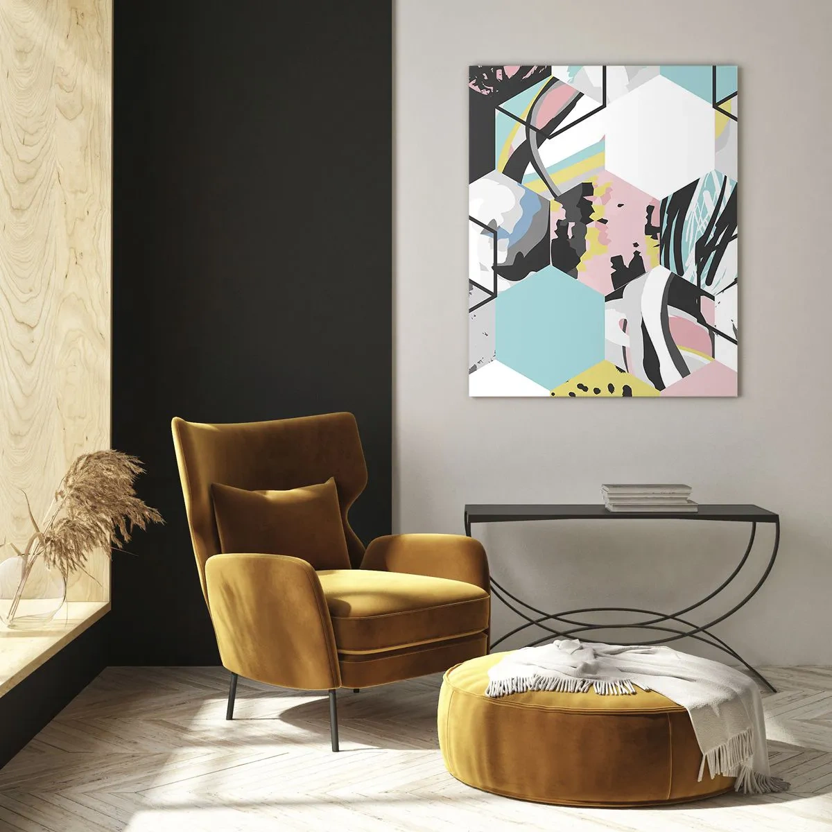 Obraz na szkle - Kolorowe sześciany i sześciokąty w nowoczesnej kompozycji - 50x70cm - Sześciokąty i sześciany w sześciu barwach - Nowoczesna dekoracja ścienna do salonu, kuchni i sypialni ARTTOR