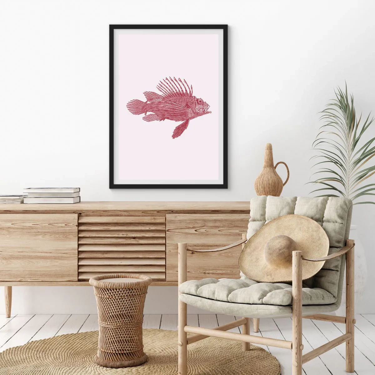 Plakat w czarnej ramie - Rysunek ryby w stylu vintage na jasnym tle - 50x70cm - Mieszkanka egzotycznych wód - Nowoczesna dekoracja ścienna do salonu i sypialni ARTTOR