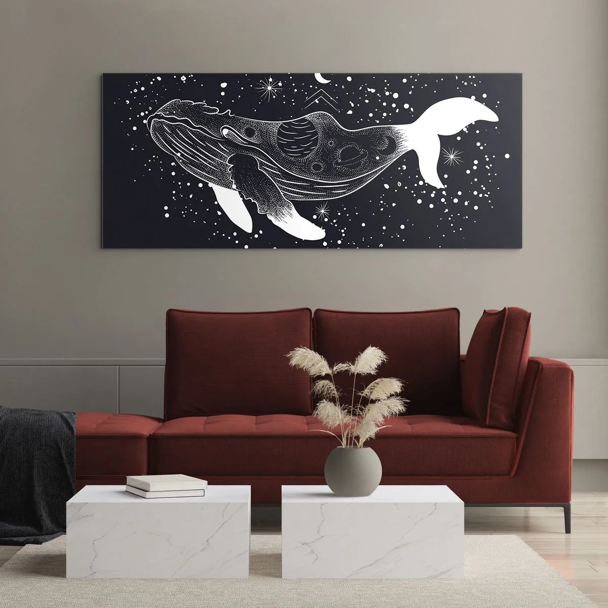 Obraz na szkle - Graficzna ilustracja wieloryba w kosmicznym stylu - 120x50cm - W oceanie wszechświata - Nowoczesna dekoracja ścienna do salonu i sypialni ARTTOR