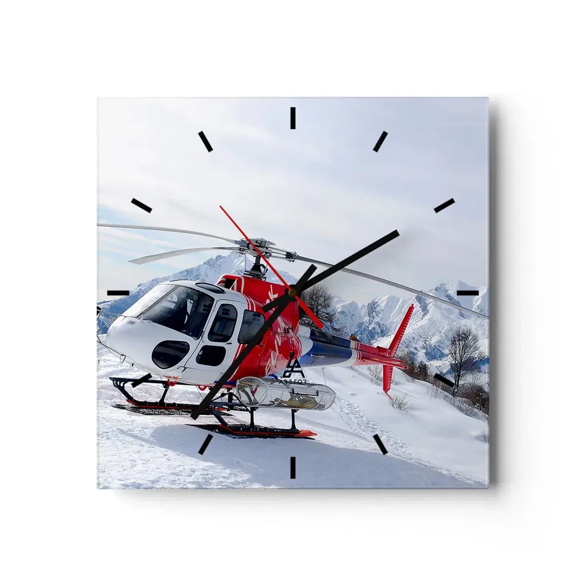 Zegar ścienny - Czerwony helikopter na śnieżnym tle z górskim krajobrazem - 30x30cm - Zawsze gotowy - Nowoczesna dekoracja ścienna do salonu i sypialni ARTTOR