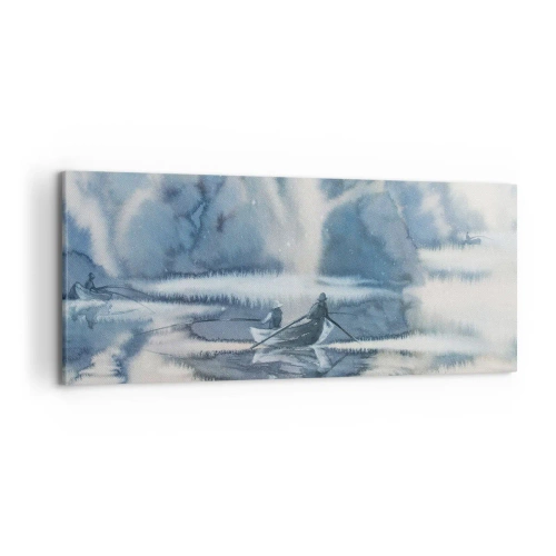 Obraz na płótnie - Akwarelowy krajobraz z łodziami na jeziorze otoczonym mglistym lasem - 120x50cm - Wędkarze w swoim raju - Nowoczesna dekoracja ścienna do salonu i sypialni ARTTOR