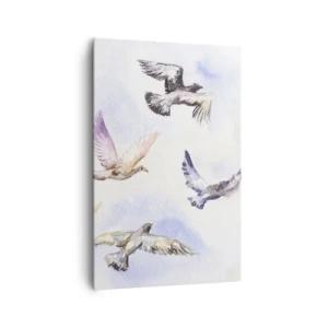 Obraz na płótnie - Akwarelowe ptaki w locie na tle delikatnego nieba - 80x120cm - Wolność w szarości i błękicie - Nowoczesna dekoracja ścienna do salonu i sypialni ARTTOR