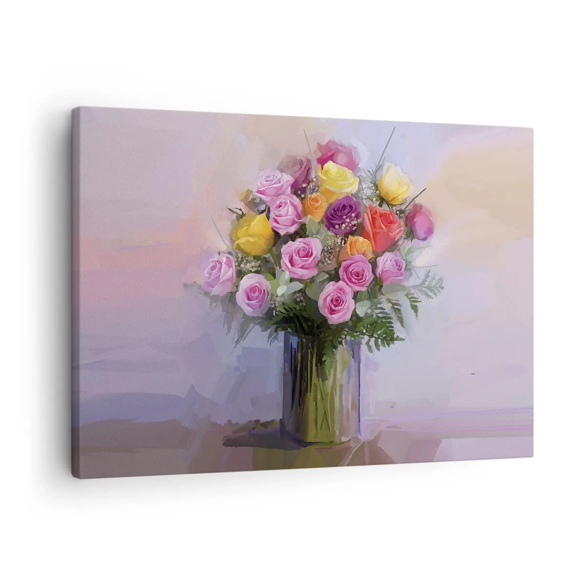 Obraz na płótnie - Bukiet kolorowych róż w szklanym wazonie - 70x50cm - Zatrzymane piękno - Nowoczesna dekoracja ścienna do salonu i sypialni ARTTOR