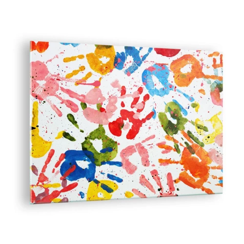 Obraz na szkle - Kolorowe odciski dłoni na białym tle - 70x50cm - Idź po śladach - Nowoczesna dekoracja ścienna do salonu i sypialni ARTTOR