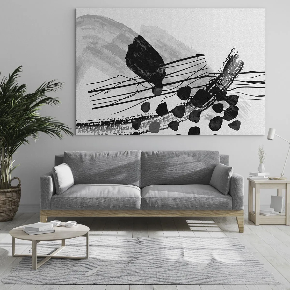 Obraz na szkle - Czarno-biała abstrakcja z organicznymi kształtami i liniami - 70x50cm - Czarno-biała abstrakcja organiczna - Nowoczesna dekoracja ścienna do salonu i sypialni ARTTOR