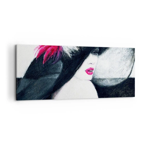 Obraz na płótnie - Stylowa kobieta w kapeluszu z piórami - 120x50cm - Zawsze tajemnica - Nowoczesna dekoracja ścienna do salonu i sypialni ARTTOR