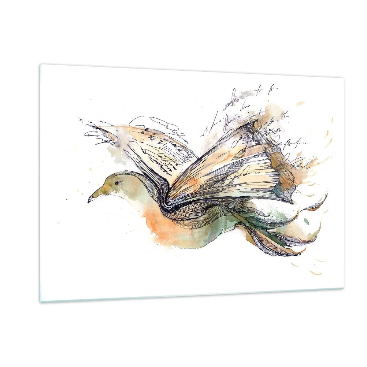Obraz na szkle - Ptak z rozwiniętej książki, artystyczna metafora wiedzy - 120x80cm - Na skrzydłach poezji - Nowoczesna dekoracja ścienna do salonu, kuchni i sypialni ARTTOR