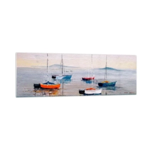 Obraz na szkle - Kolorowe łódki na spokojnej wodzie - 160x50cm - Zasłużony odpoczynek - Nowoczesna dekoracja ścienna do salonu i sypialni ARTTOR