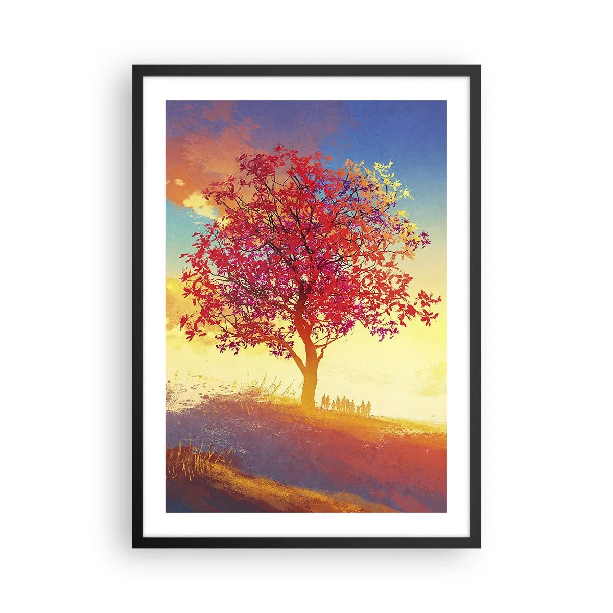 Plakat w czarnej ramie - Drzewo o czerwonych liściach na tle zachodzącego słońca - 50x70cm - Pielgrzym u celu - Nowoczesna dekoracja ścienna do salonu i sypialni ARTTOR