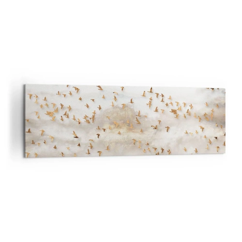 Obraz na płótnie - Złote ptaki na tle mglistych gór - 160x50cm - Już czas… - Nowoczesna dekoracja ścienna do salonu i sypialni ARTTOR