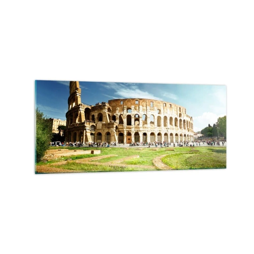 Obraz na szkle - Koloseum w Rzymie w otoczeniu zieleni i błękitnego nieba - 120x50cm - Jeszcze słychać szczęk broni - Nowoczesna dekoracja ścienna do salonu i sypialni ARTTOR