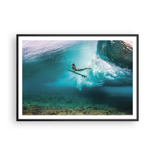 Plakat w czarnej ramie - Surferka pod falą w błękitnej wodzie oceanu - 100x70cm - Podwodny świat - Nowoczesna dekoracja ścienna do salonu i sypialni ARTTOR