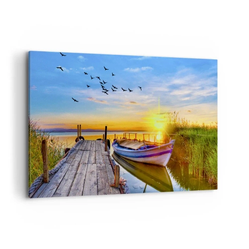 Obraz na płótnie - Łódka przy drewnianym pomoście o zachodzie słońca - 120x80cm - Do widzenia, do jutra - Nowoczesna dekoracja ścienna do salonu, kuchni i sypialni ARTTOR