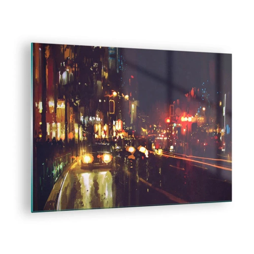 Obraz na szkle - Miejski nocny krajobraz z samochodami i światłami ulicznymi - 70x50cm - Zatopiona w światłach nocy - Nowoczesna dekoracja ścienna do salonu i sypialni ARTTOR