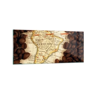 Obraz na szkle - Mapa Ameryki Południowej otoczona ziarnami kawy - 120x50cm - Skąd pochodzi najlepsza kawa? - Nowoczesna dekoracja ścienna do salonu i sypialni ARTTOR