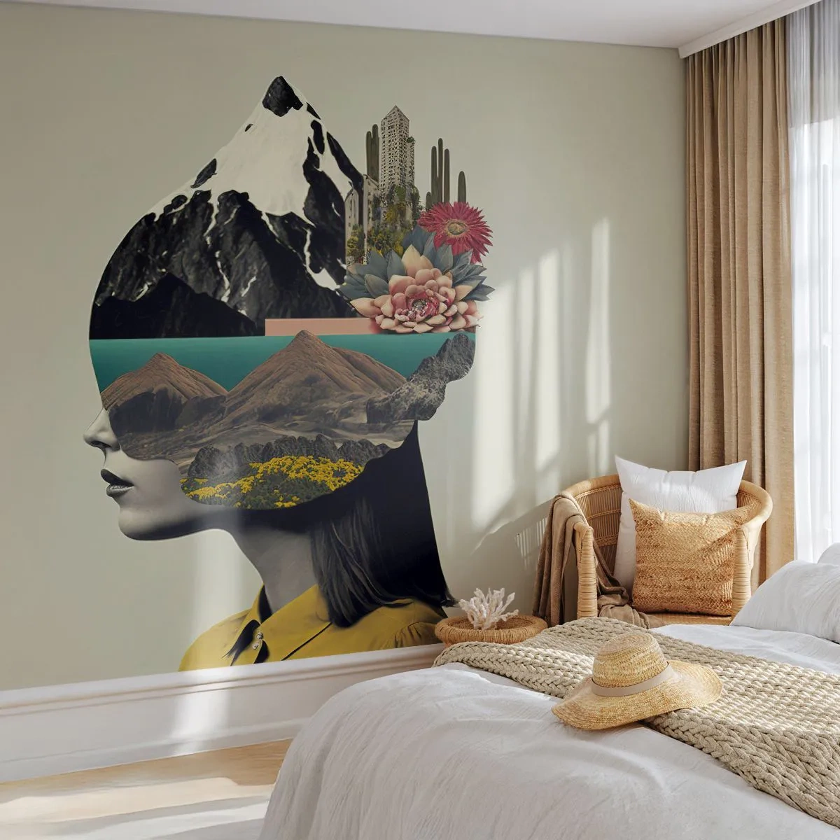 Fototapeta Premium Sand - Głowa kobiety z wkomponowanym krajobrazem i roślinnością - 100x70cm - Kobieta – zawsze tajemnica - Nowoczesna dekoracja ścienna do salonu, kuchni i sypialni ARTTOR