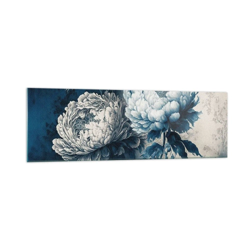 Obraz na szkle - Niebieskie piwonie na subtelnym tle z delikatnym wzorem - 160x50cm - Dobrana para - Nowoczesna dekoracja ścienna do salonu i sypialni ARTTOR