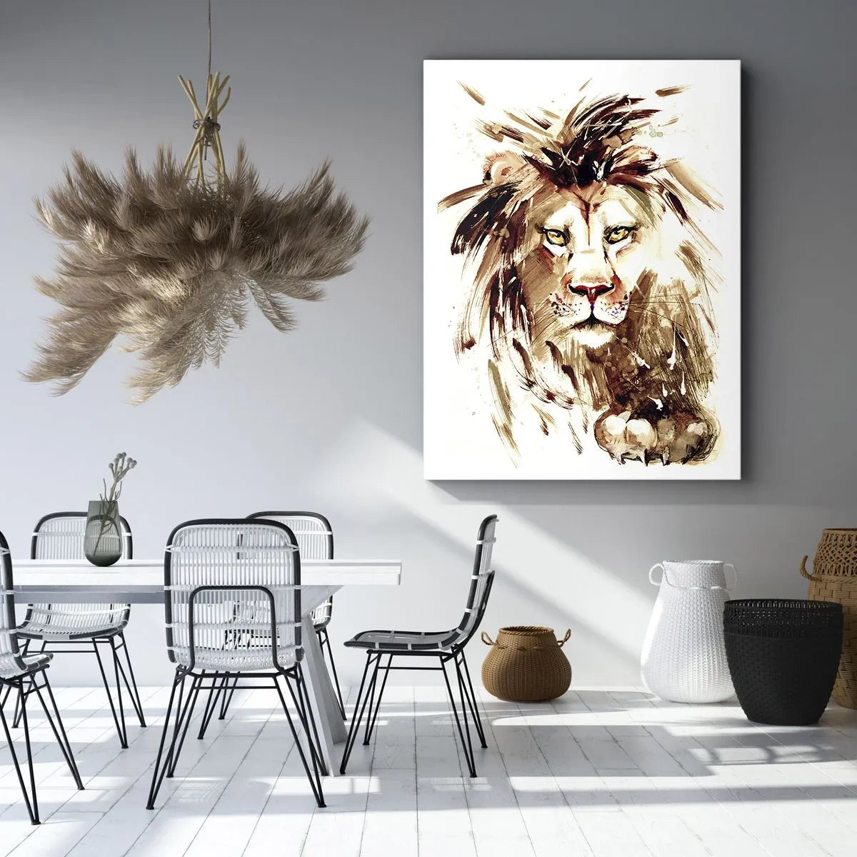 Obraz na płótnie - Akwarelowy portret majestatycznego lwa z intensywnym spojrzeniem - 50x70cm - Siła i godność - Nowoczesna dekoracja ścienna do salonu, kuchni i sypialni ARTTOR