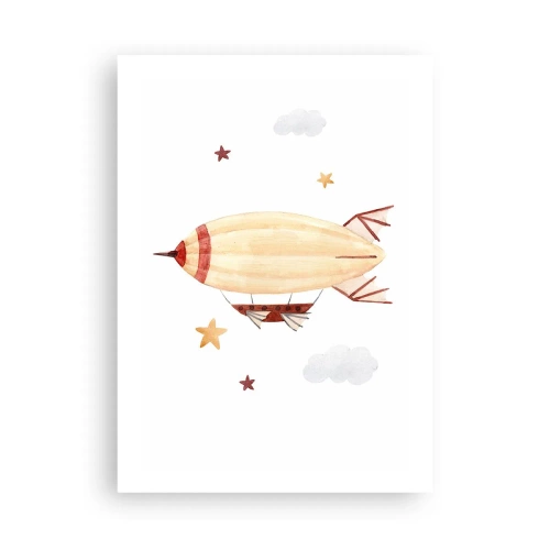 Plakat - Akwarelowy sterowiec unoszący się wśród gwiazd i chmur - 50x70cm - Powietrzny statek - Nowoczesna dekoracja ścienna do salonu, kuchni i sypialni ARTTOR