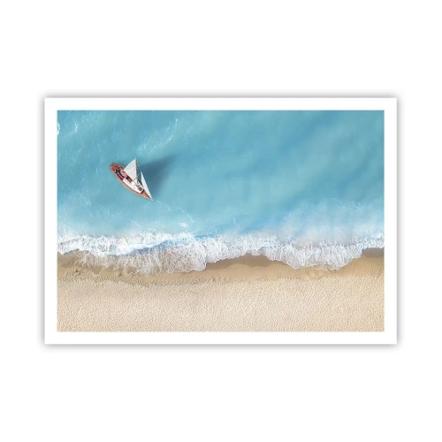 Plakat - Łódka przy plaży w widoku z lotu ptaka - 100x70cm - Na granicy błękitu i złota - Nowoczesna dekoracja ścienna do salonu i sypialni ARTTOR