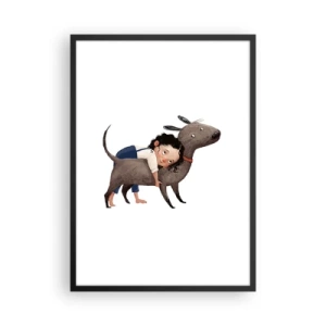 Plakat w czarnej ramie - Ilustracja dziecka tulącego psa na białym tle - 50x70cm - Najlepsi przyjaciele - Nowoczesna dekoracja ścienna do salonu i sypialni ARTTOR
