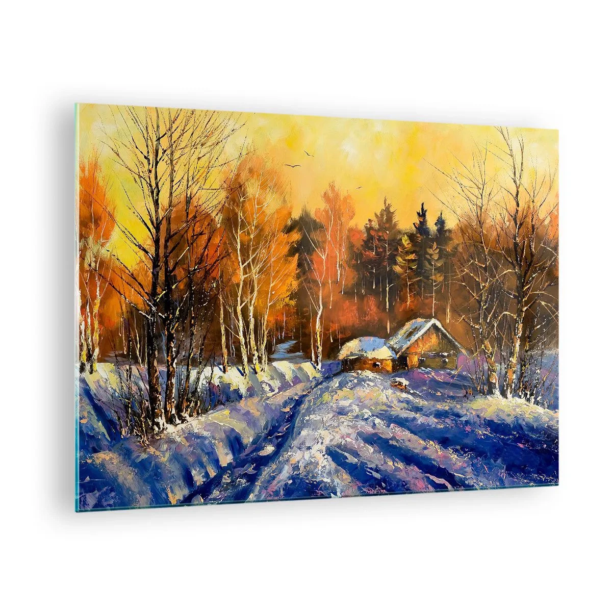Obraz na szkle - Zimowy pejzaż z drewnianą chatą o zachodzie słońca - 70x50cm - Zimowa impresja w słońcu - Nowoczesna dekoracja ścienna do salonu i sypialni ARTTOR