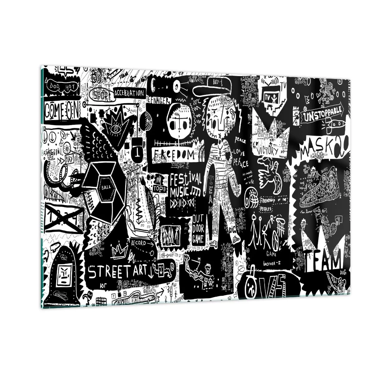 Obraz na szkle - Czarno-biała grafika w stylu street art z postaciami i symbolami - 120x80cm - Duchowej młodości prawa i radości - Nowoczesna dekoracja ścienna do salonu, kuchni i sypialni ARTTOR
