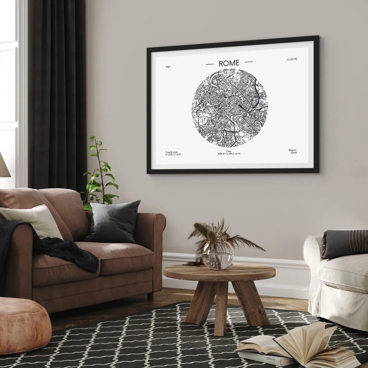 Plakat w czarnej ramie - Mapa Rzymu w minimalistycznym, czarno-białym stylu - 100x70cm - Anatomia Rzymu - Nowoczesna dekoracja ścienna do salonu i sypialni ARTTOR