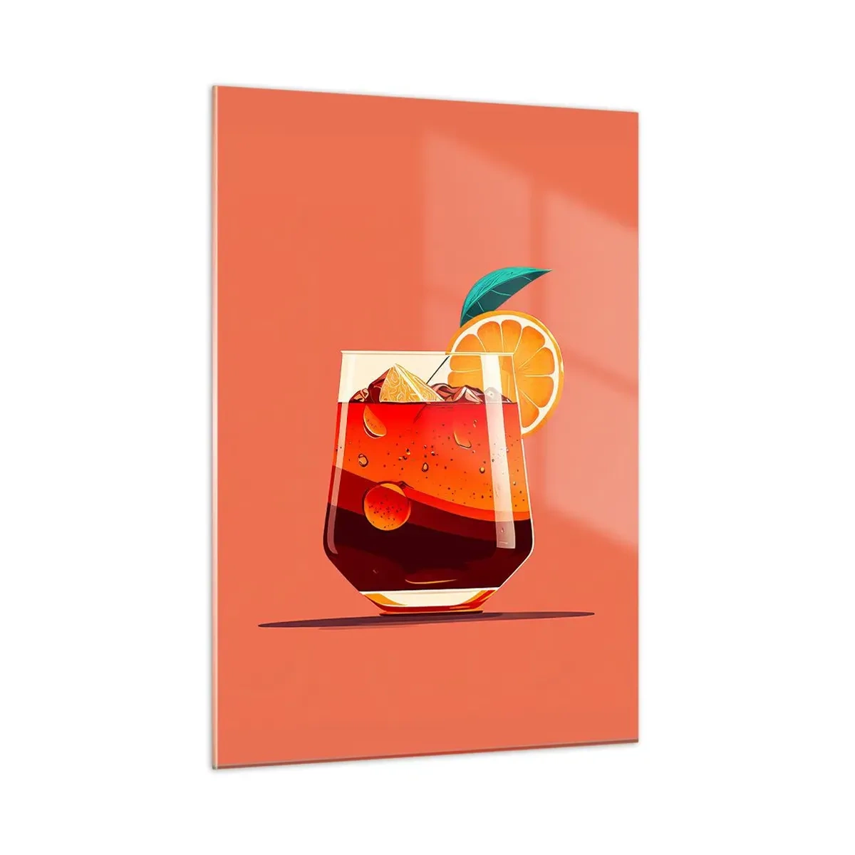 Obraz na szkle - Kolorowy drink z pomarańczą na tle w ciepłym odcieniu brzoskwini - 50x70cm - Letnie orzeźwienie - Nowoczesna dekoracja ścienna do salonu, kuchni i sypialni ARTTOR