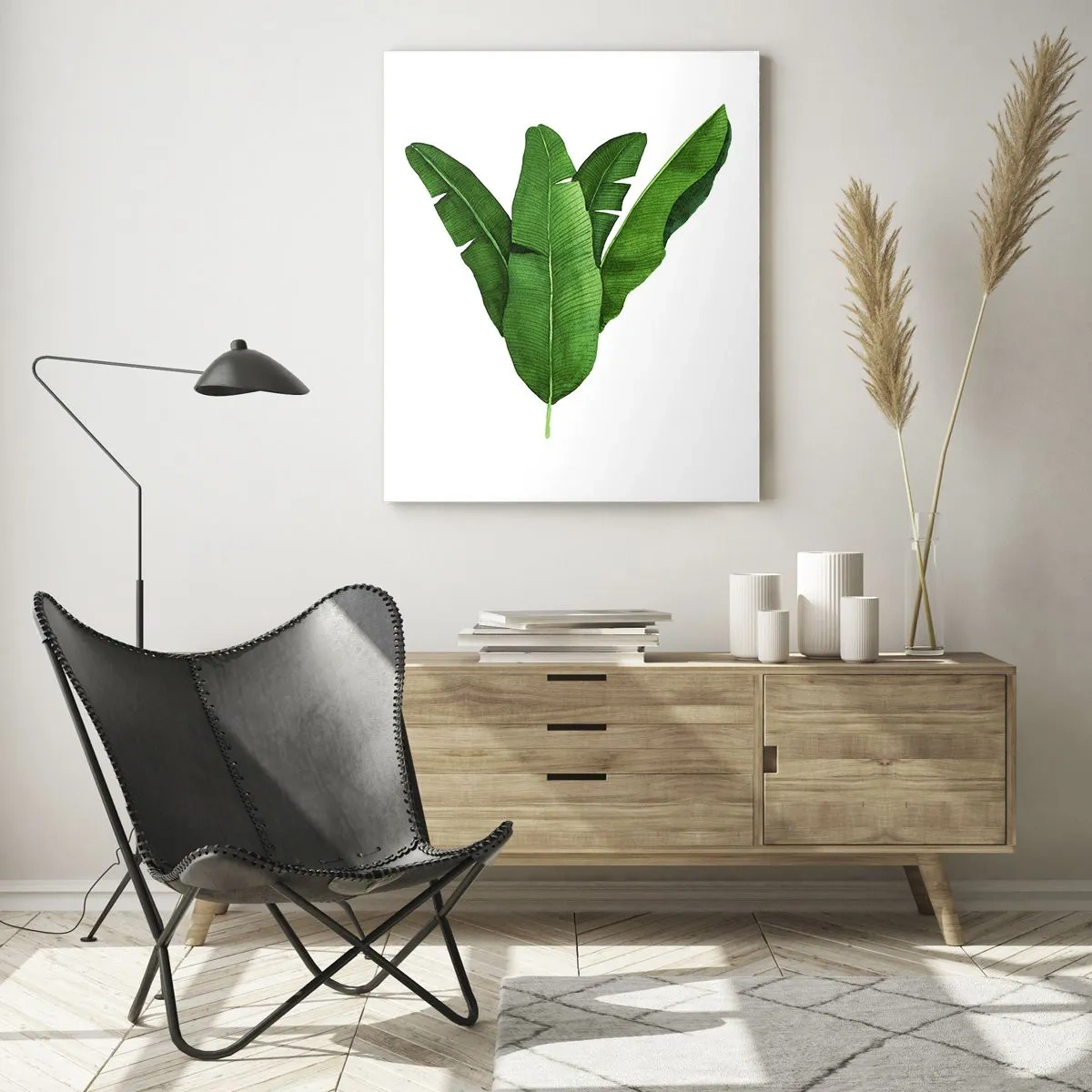 Obraz na szkle - Cztery zielone liście bananowca na białym tle - 50x70cm - Zielona symetria - Nowoczesna dekoracja ścienna do salonu, kuchni i sypialni ARTTOR