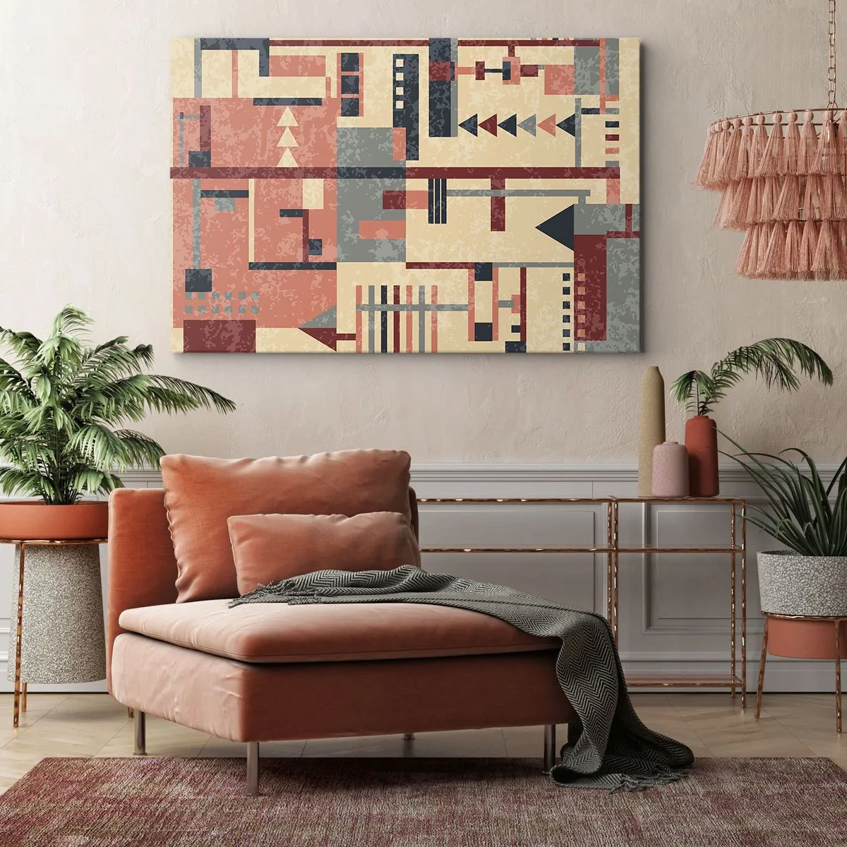 Obraz na płótnie - Geometryczny wzór w pastelowych odcieniach beżu, czerwieni i szarości - 70x50cm - Kombinacja pionów i poziomów - Nowoczesna dekoracja ścienna do salonu i sypialni ARTTOR