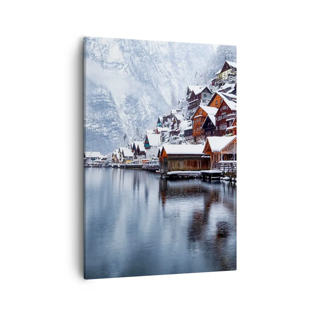 Obraz na płótnie - Malownicza zimowa wioska nad jeziorem otoczona górami - 50x70cm - W zimowej dekoracji - Nowoczesna dekoracja ścienna do salonu, kuchni i sypialni ARTTOR