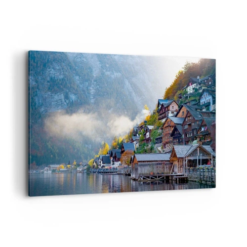 Obraz na płótnie - Górska wioska nad jeziorem w jesiennej scenerii - 120x80cm - Alpejskie klimaty - Nowoczesna dekoracja ścienna do salonu, kuchni i sypialni ARTTOR