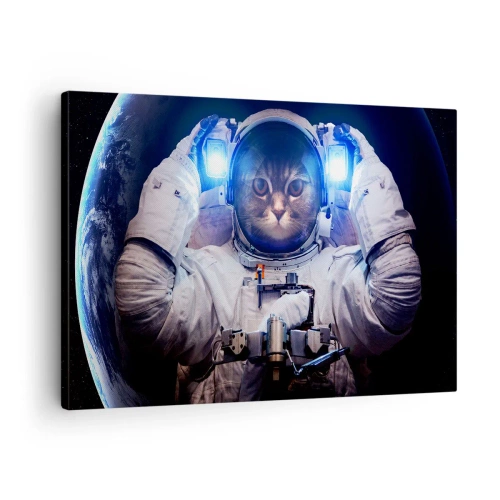 Obraz na płótnie - Kot w stroju astronauty z Ziemią w tle i jasnym światłem - 70x50cm - Houston, macie problem - Nowoczesna dekoracja ścienna do salonu i sypialni ARTTOR