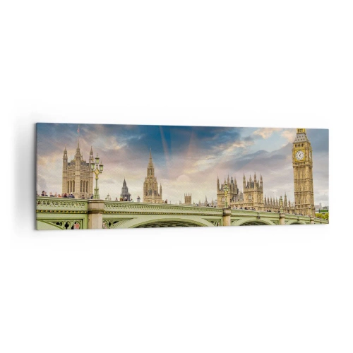 Obraz na płótnie - Big Ben i Westminster Bridge na tle nieba o zmierzchu - 160x50cm - Czas stanął w Imperium - Nowoczesna dekoracja ścienna do salonu i sypialni ARTTOR